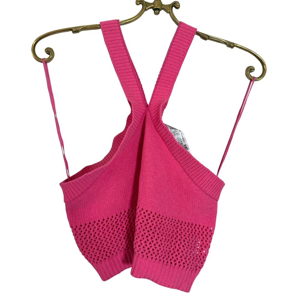 Zara Womens Medium Hot Pink Open Knit Halter Crop Top Criss Cross Sleeveless